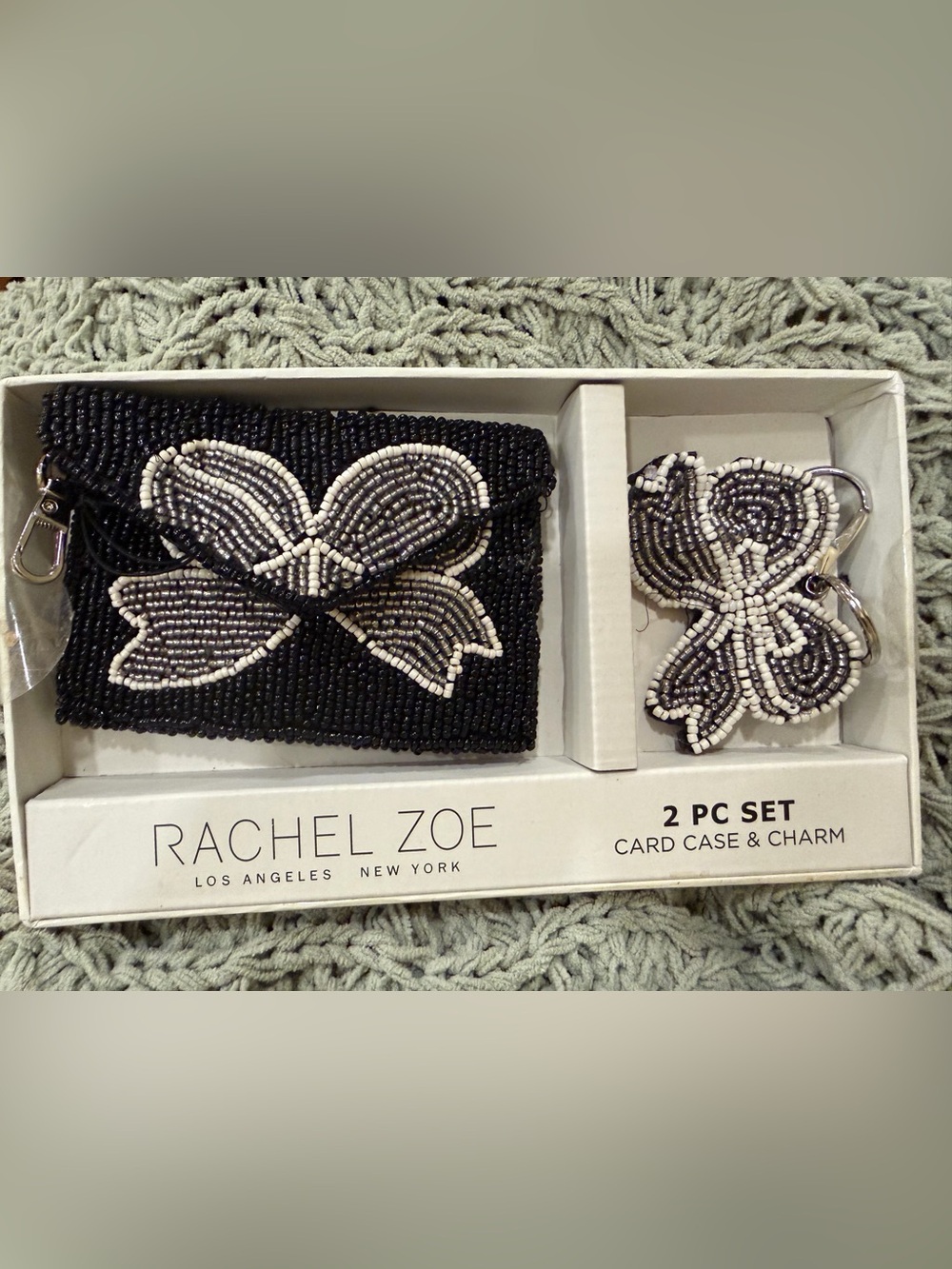 Rachel Zoe Black and White Beaded Bow Card Case with Bag Charm or Key Chain